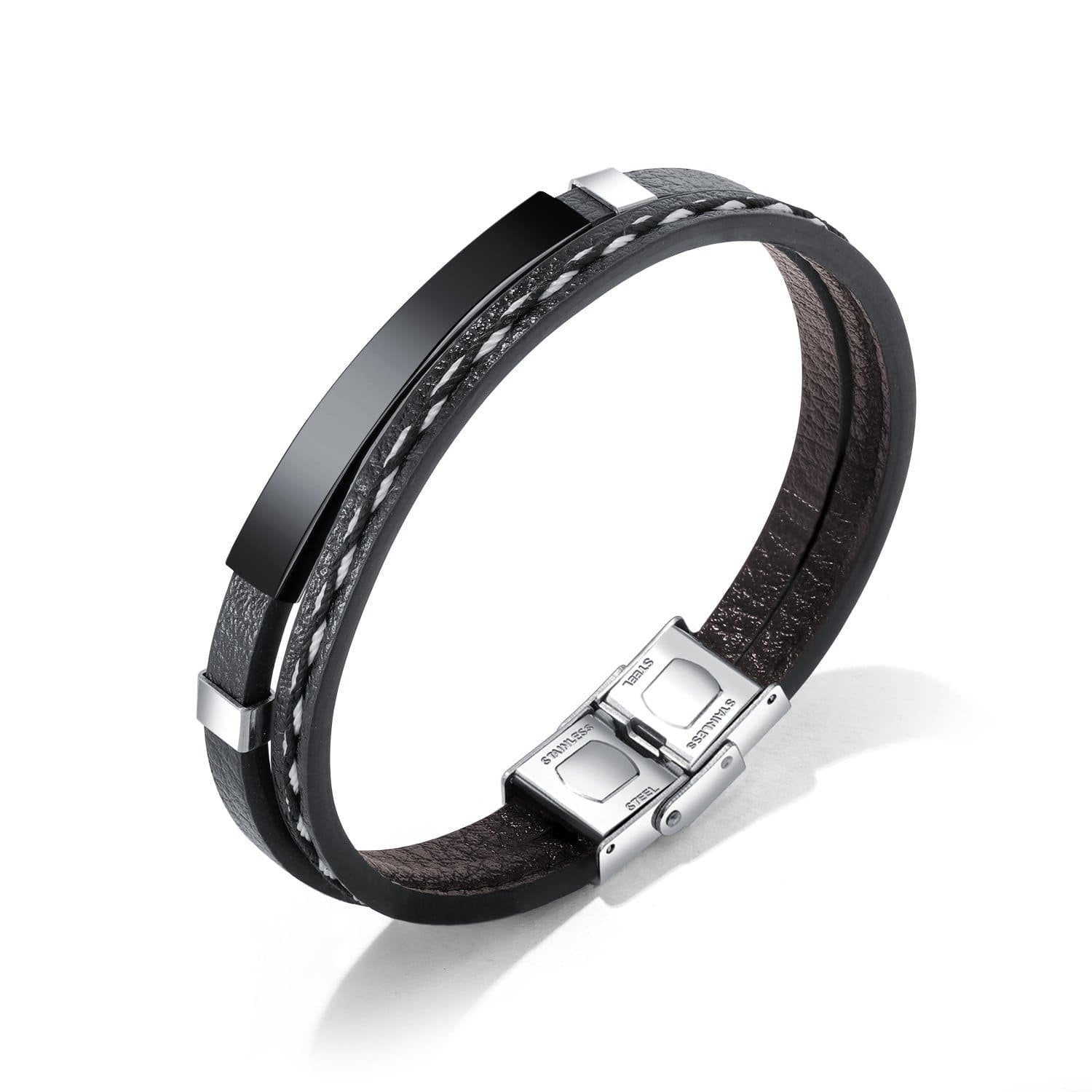 Stainless Steel Mens Engraving ID Bracelet Braided Leather Bracelet - Drakoi Marketplace