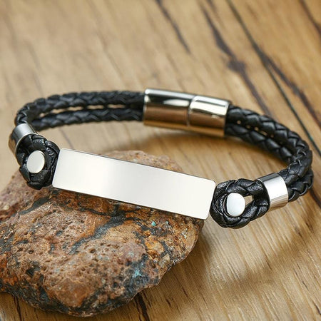 Stainless Steel Men's Leather ID Bracelet - Drakoi Marketplace