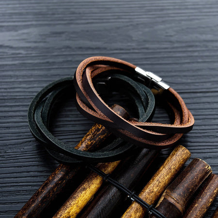 Stainless Steel Multi Strand Leather Bracelet - Drakoi Marketplace