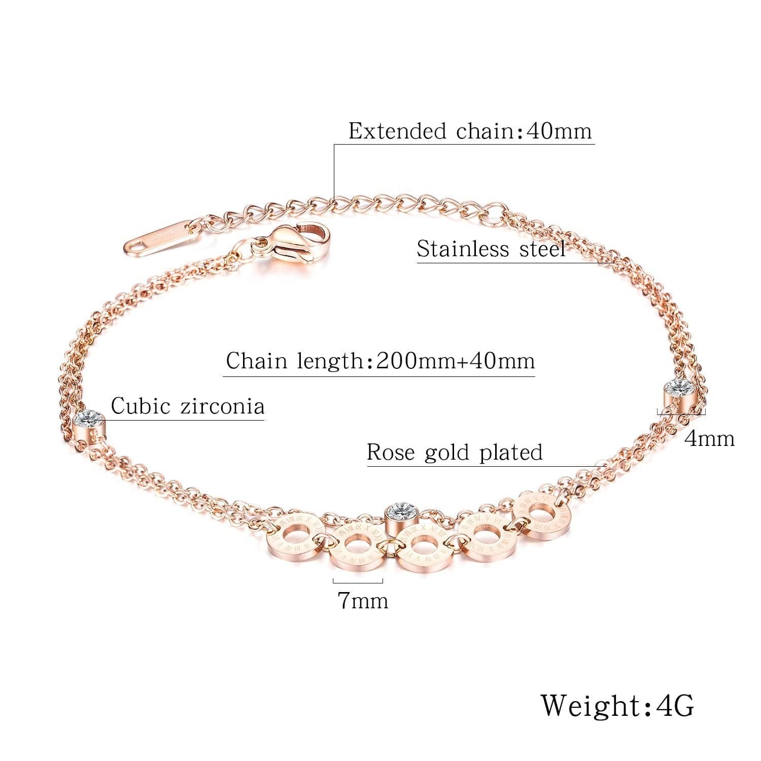 Stainless Steel Rose Gold CZ Anklet Bracelet - Drakoi Marketplace