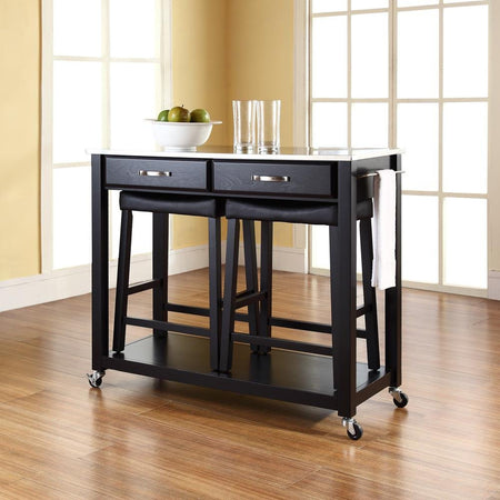 Stainless Steel Top Kitchen Prep Cart W/Uph Saddle Stools Black/Stainless Steel - Kitchen Island & 2 Counter Stools - Drakoi Marketplace