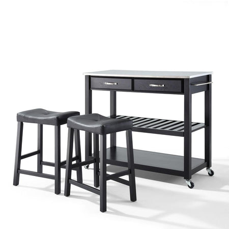 Stainless Steel Top Kitchen Prep Cart W/Uph Saddle Stools Black/Stainless Steel - Kitchen Island & 2 Counter Stools - Drakoi Marketplace