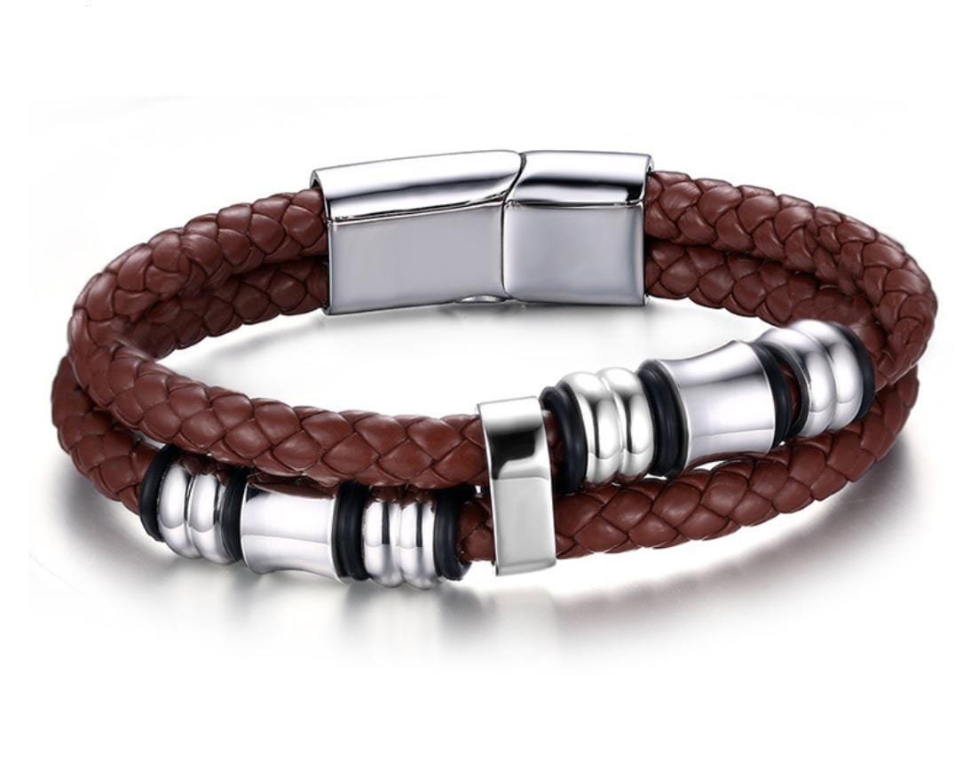 Steel Beads Brown Leather Bracelet - Drakoi Marketplace