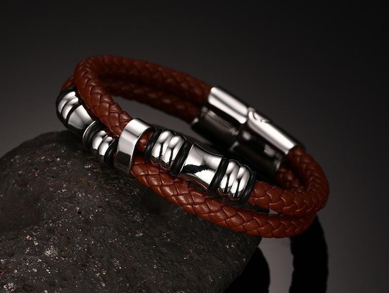 Steel Beads Brown Leather Bracelet - Drakoi Marketplace