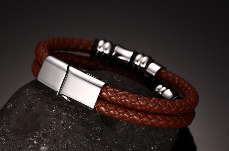 Steel Beads Brown Leather Bracelet - Drakoi Marketplace