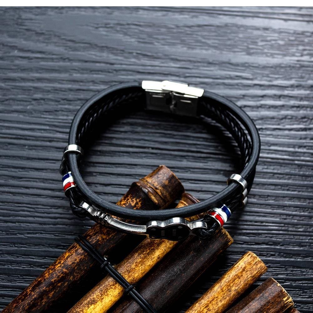 Steel Black Mens Leather Guitar Bracelet - Drakoi Marketplace