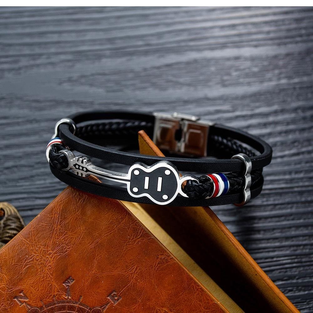 Steel Black Mens Leather Guitar Bracelet - Drakoi Marketplace