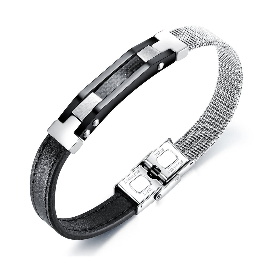 Steel Carbon Fibre Black Leather Bracelet - Drakoi Marketplace