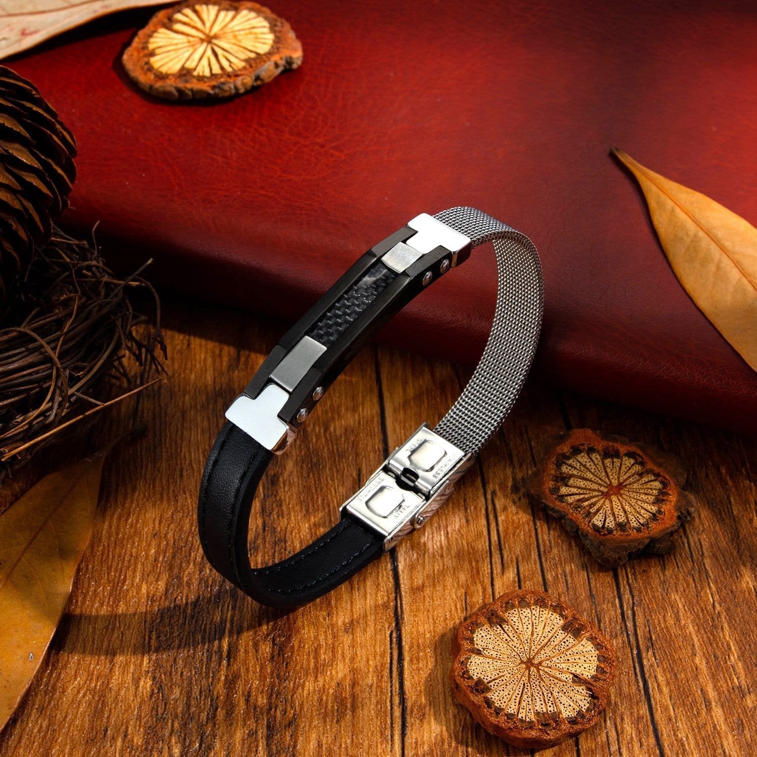 Steel Carbon Fibre Black Leather Bracelet - Drakoi Marketplace