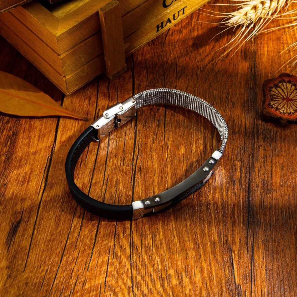 Steel Carbon Fibre Black Leather Bracelet - Drakoi Marketplace