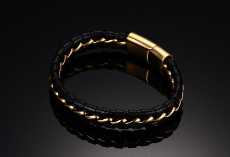 Steel Gold Leather Bracelet - Drakoi Marketplace