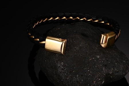 Steel Gold Leather Bracelet - Drakoi Marketplace