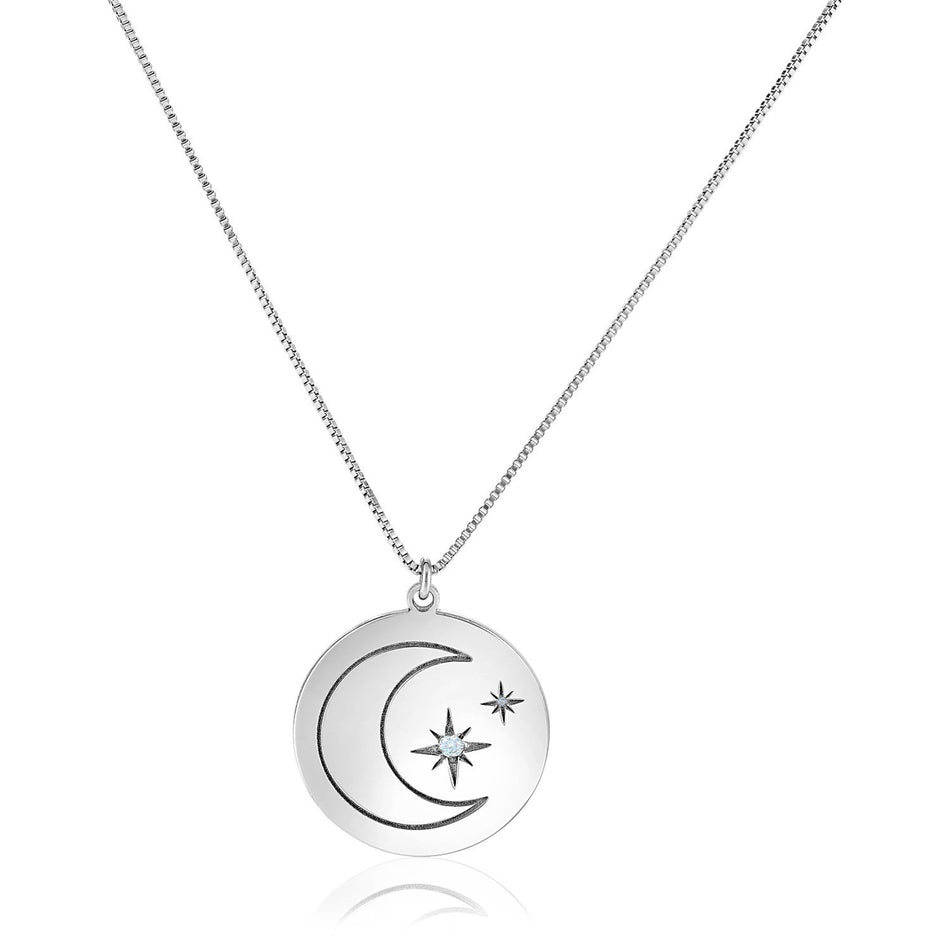 Sterling Silver 18 inch Necklace with Engraved Moon and Stars and Diamonds - Drakoi Marketplace