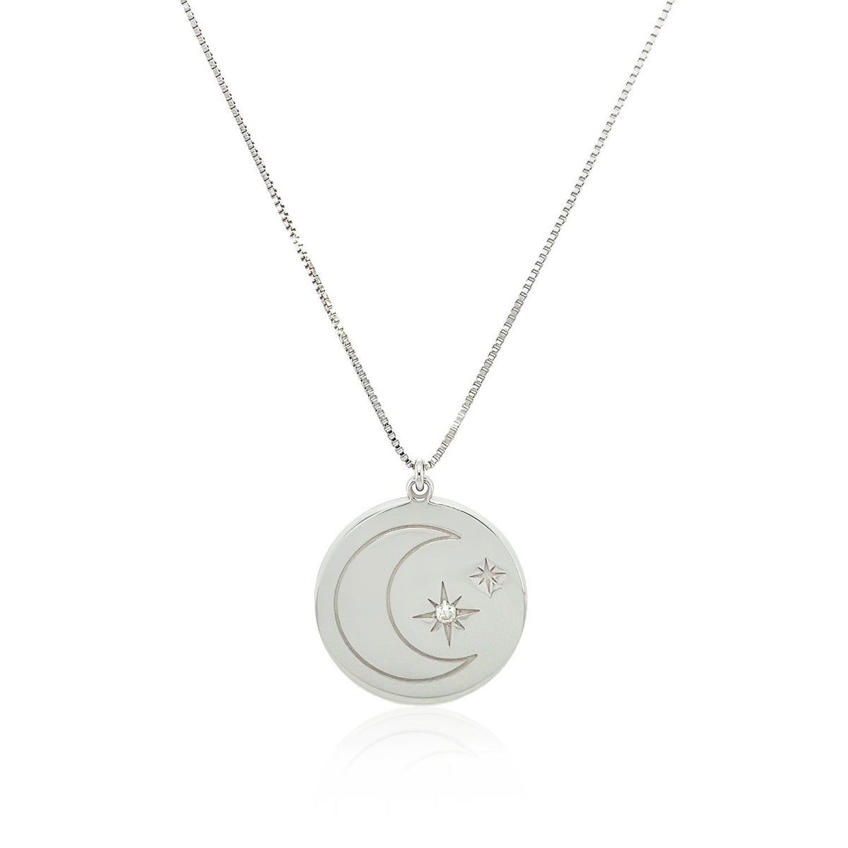 Sterling Silver 18 inch Necklace with Engraved Moon and Stars and Diamonds - Drakoi Marketplace