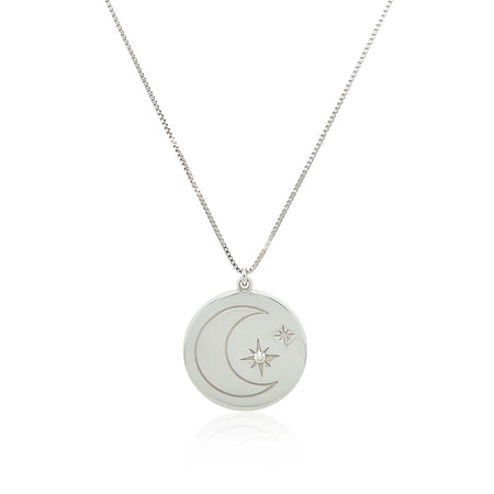 Sterling Silver 18 inch Necklace with Engraved Moon and Stars and Diamonds - Drakoi Marketplace