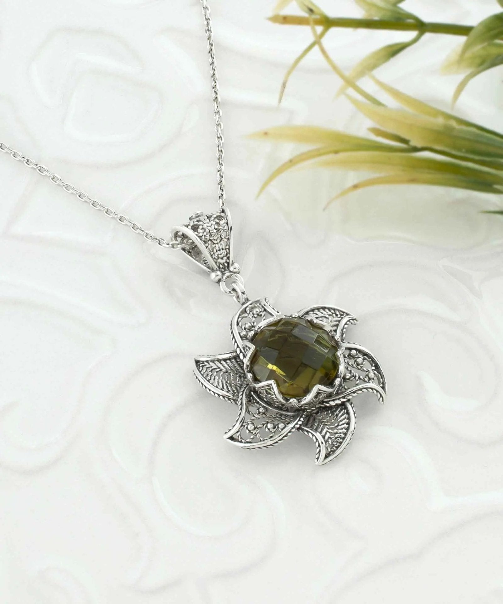 Sterling Silver Filigree Alexandrite Gemstone Blossoming Lotus Flower Pendant Necklace - Drakoi Marketplace