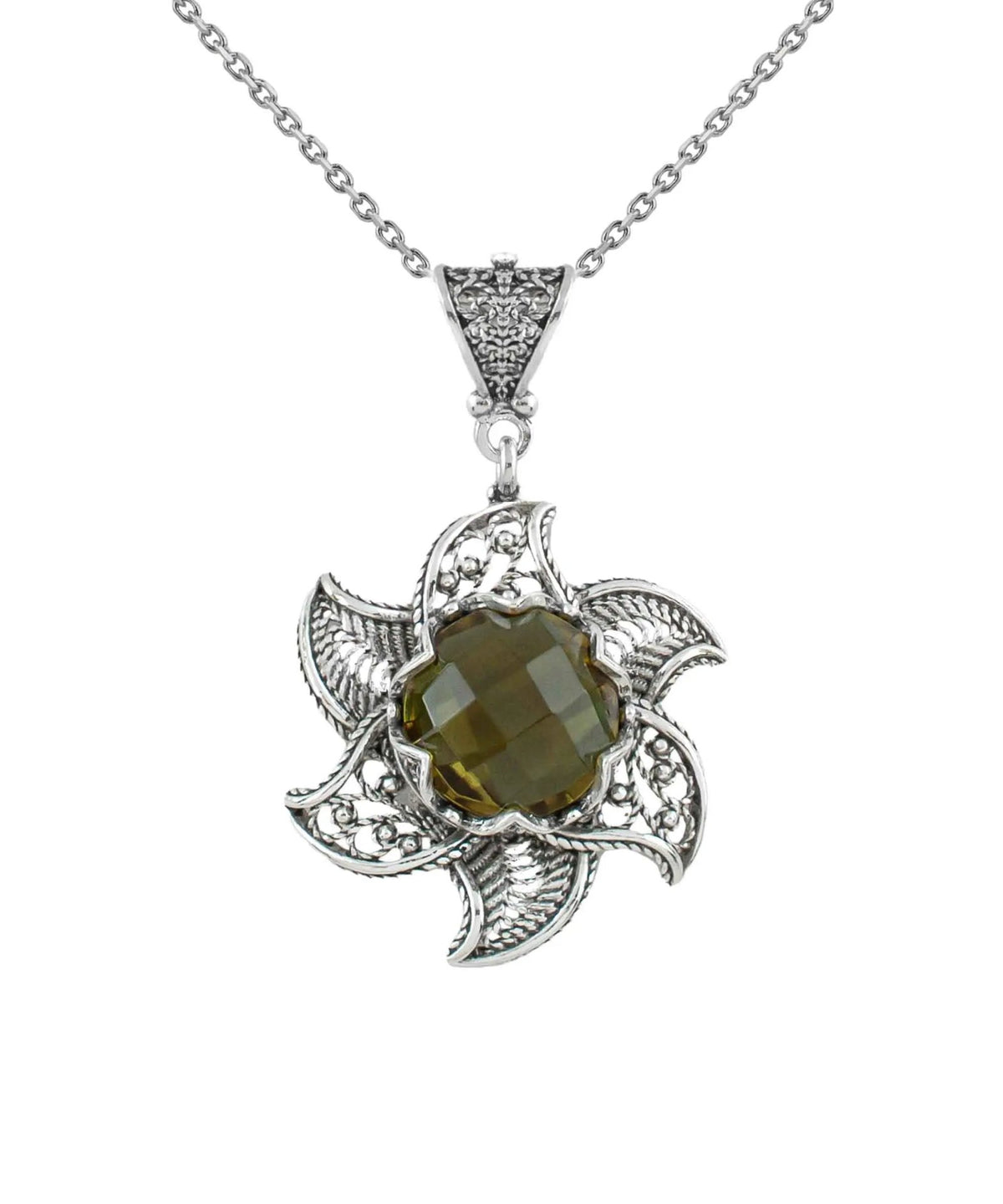 Sterling Silver Filigree Alexandrite Gemstone Blossoming Lotus Flower Pendant Necklace - Drakoi Marketplace