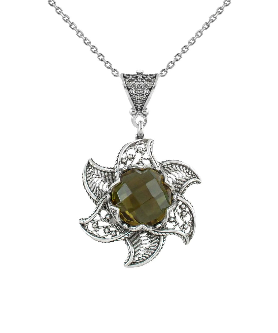 Sterling Silver Filigree Alexandrite Gemstone Blossoming Lotus Flower Pendant Necklace - Drakoi Marketplace