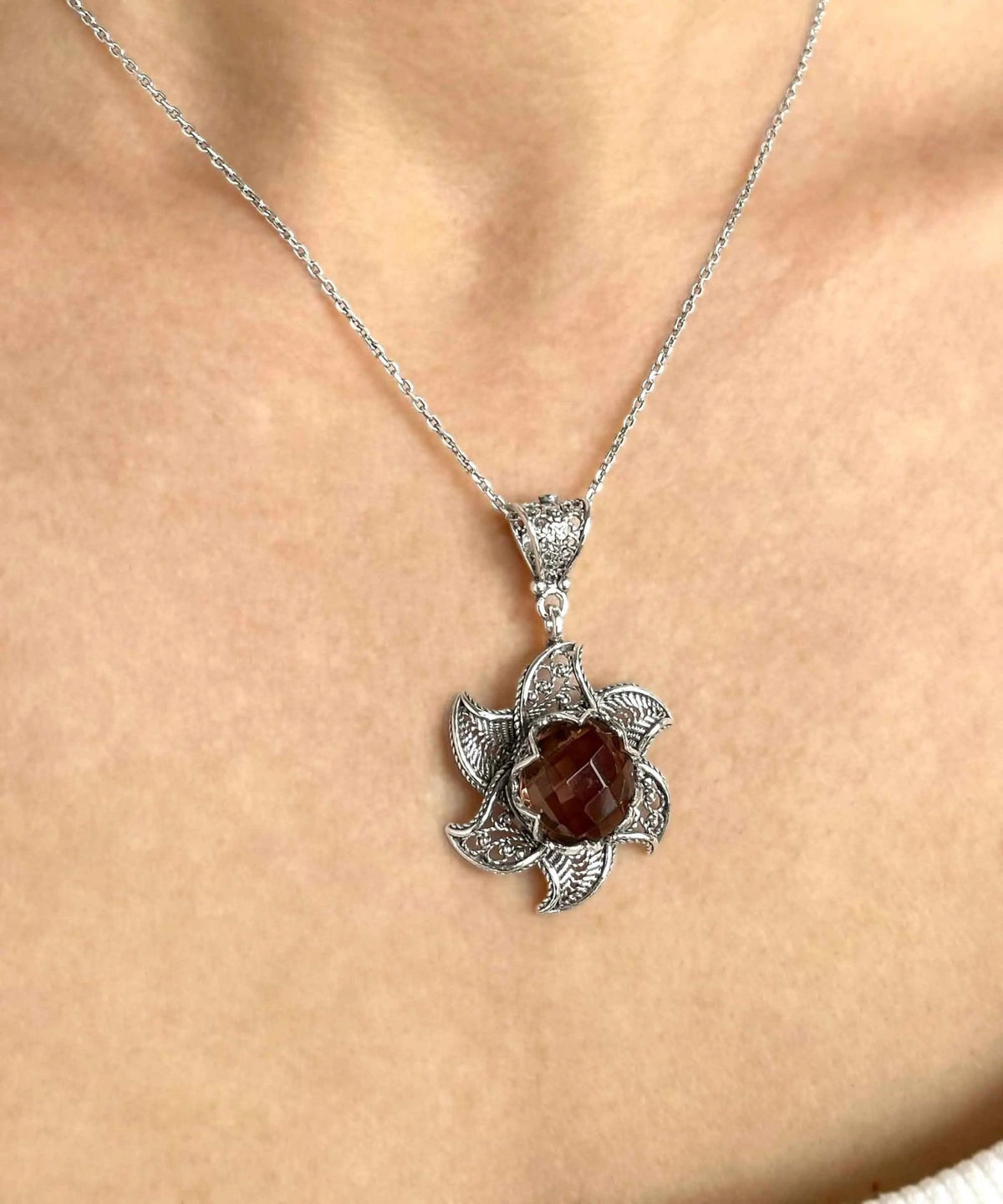 Sterling Silver Filigree Alexandrite Gemstone Blossoming Lotus Flower Pendant Necklace - Drakoi Marketplace