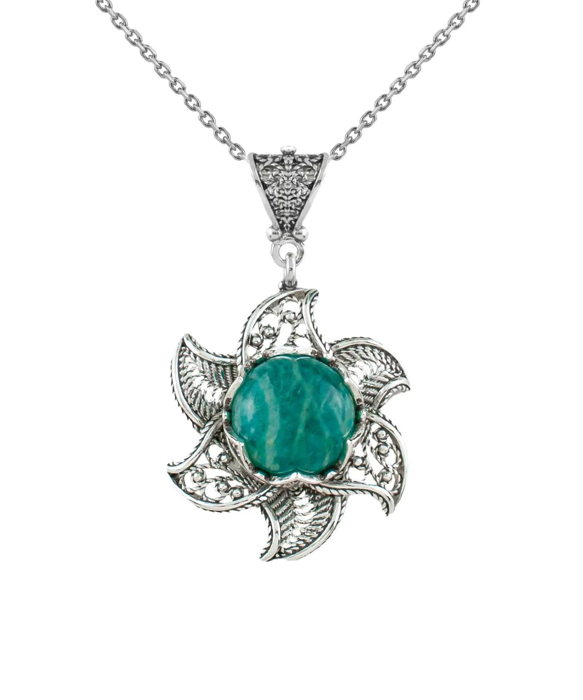 Sterling Silver Filigree Amazonite Gemstone Blossoming Lotus Flower Pendant Necklace - Drakoi Marketplace