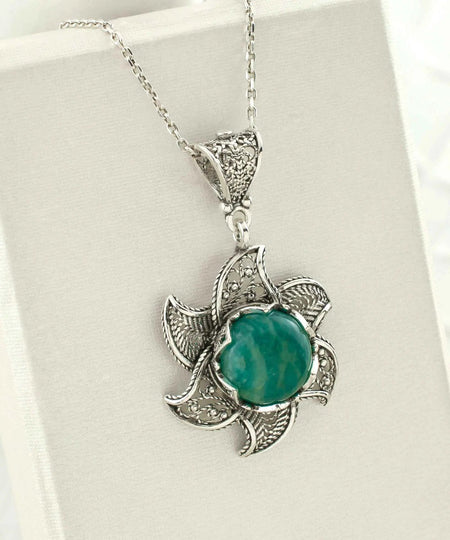 Sterling Silver Filigree Amazonite Gemstone Blossoming Lotus Flower Pendant Necklace - Drakoi Marketplace