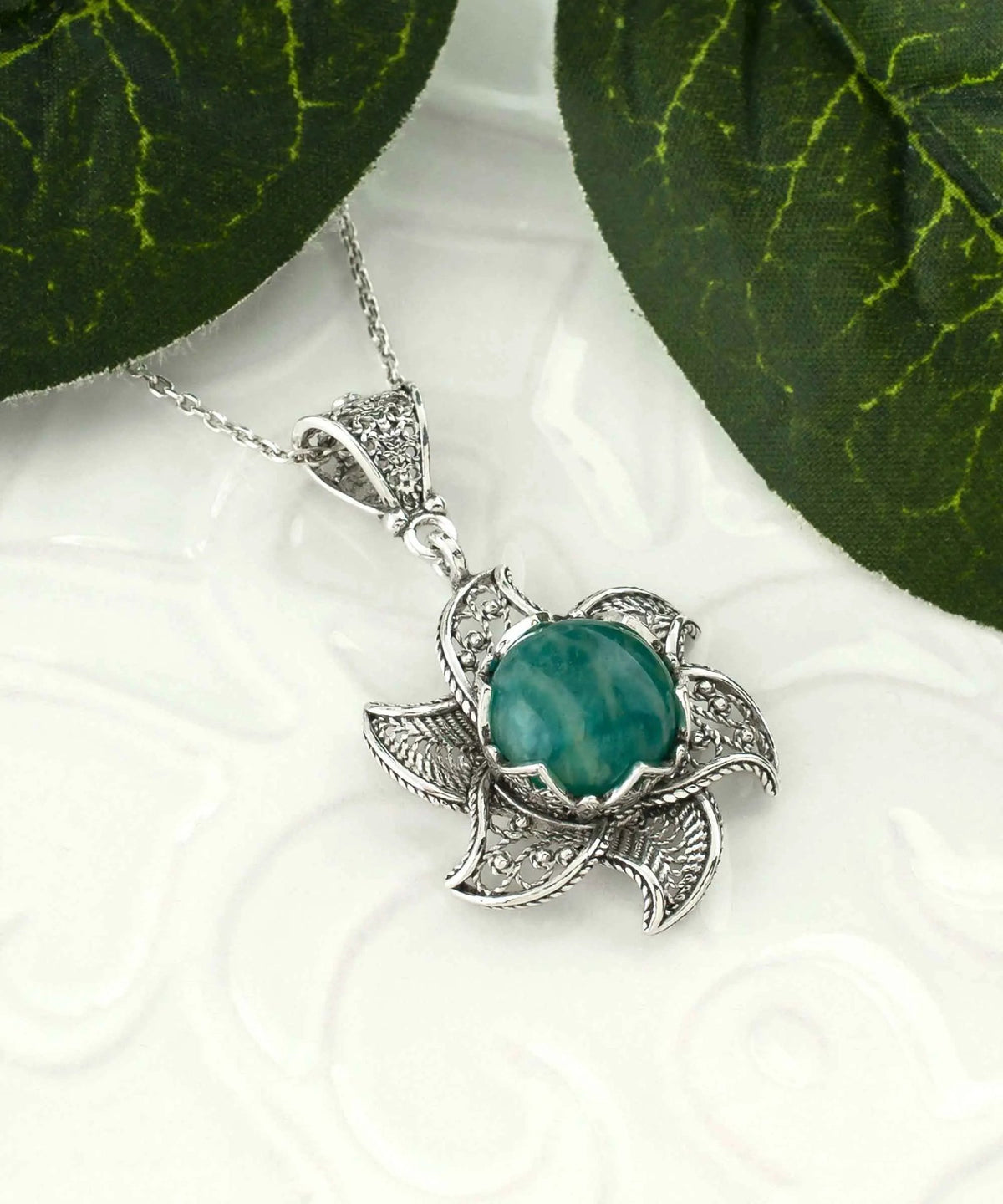 Sterling Silver Filigree Amazonite Gemstone Blossoming Lotus Flower Pendant Necklace - Drakoi Marketplace