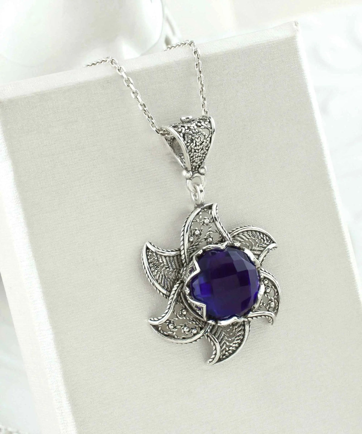 Sterling Silver Filigree Amethyst Gemstone Blossoming Lotus Flower Pendant Necklace - Drakoi Marketplace