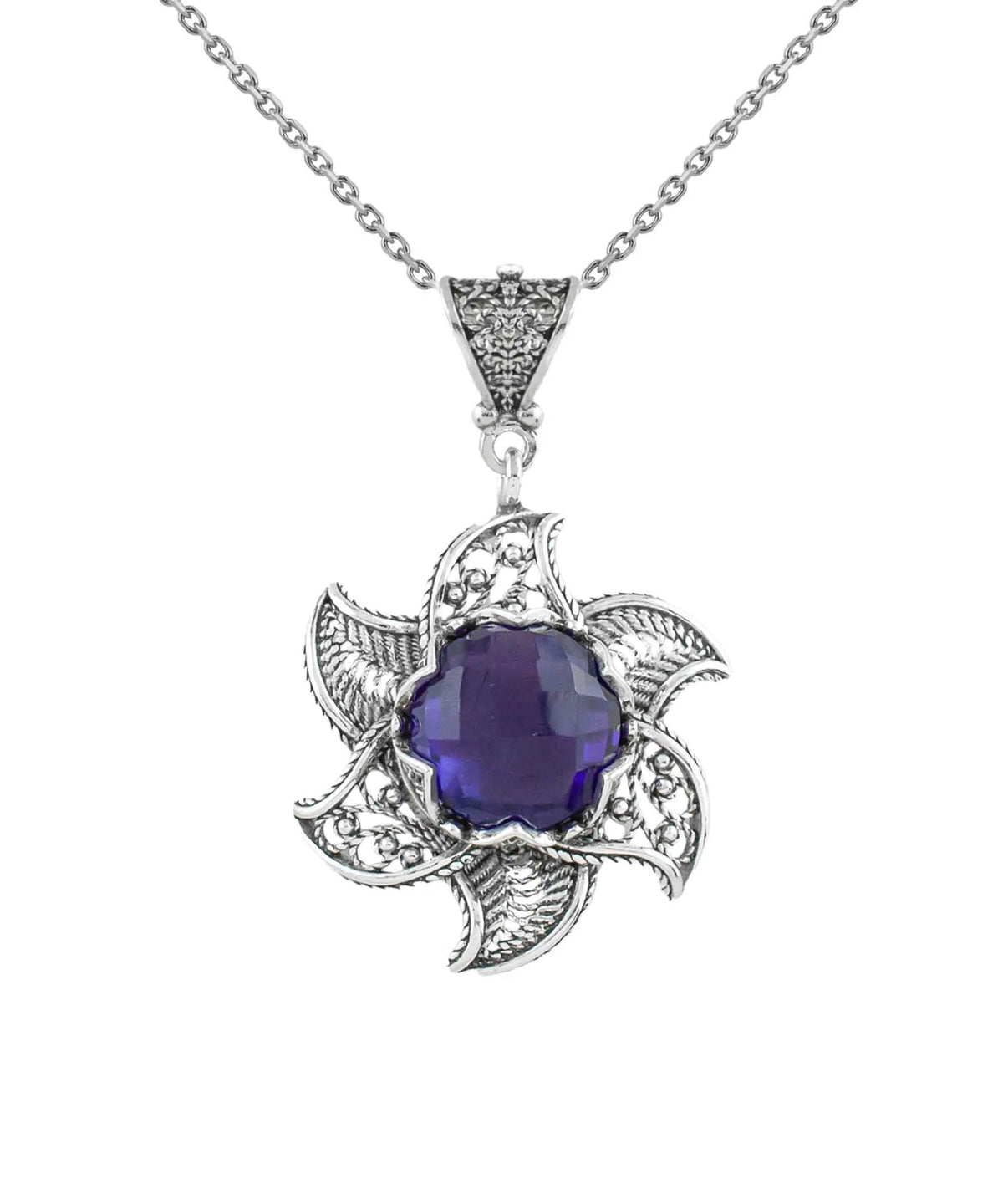 Sterling Silver Filigree Amethyst Gemstone Blossoming Lotus Flower Pendant Necklace - Drakoi Marketplace