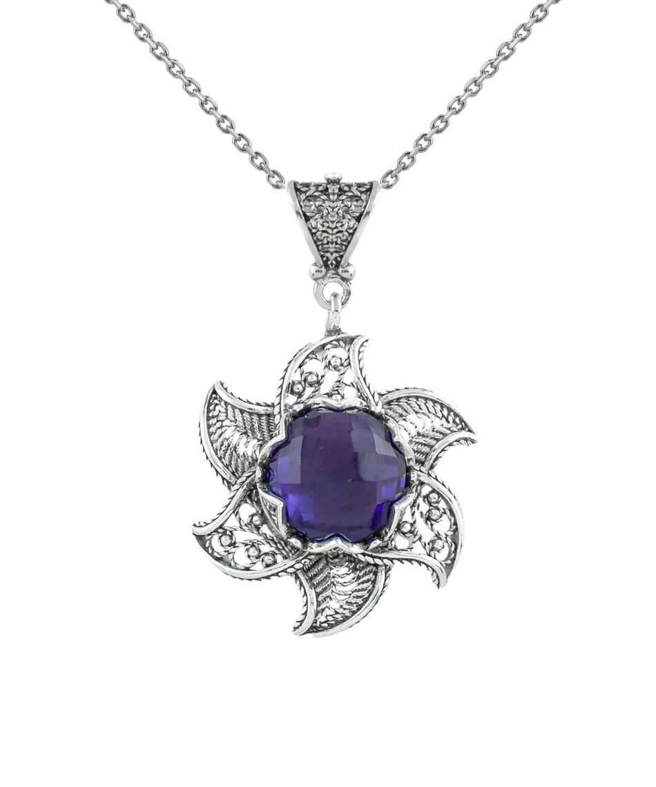 Sterling Silver Filigree Amethyst Gemstone Blossoming Lotus Flower Pendant Necklace - Drakoi Marketplace