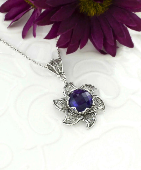 Sterling Silver Filigree Amethyst Gemstone Blossoming Lotus Flower Pendant Necklace - Drakoi Marketplace