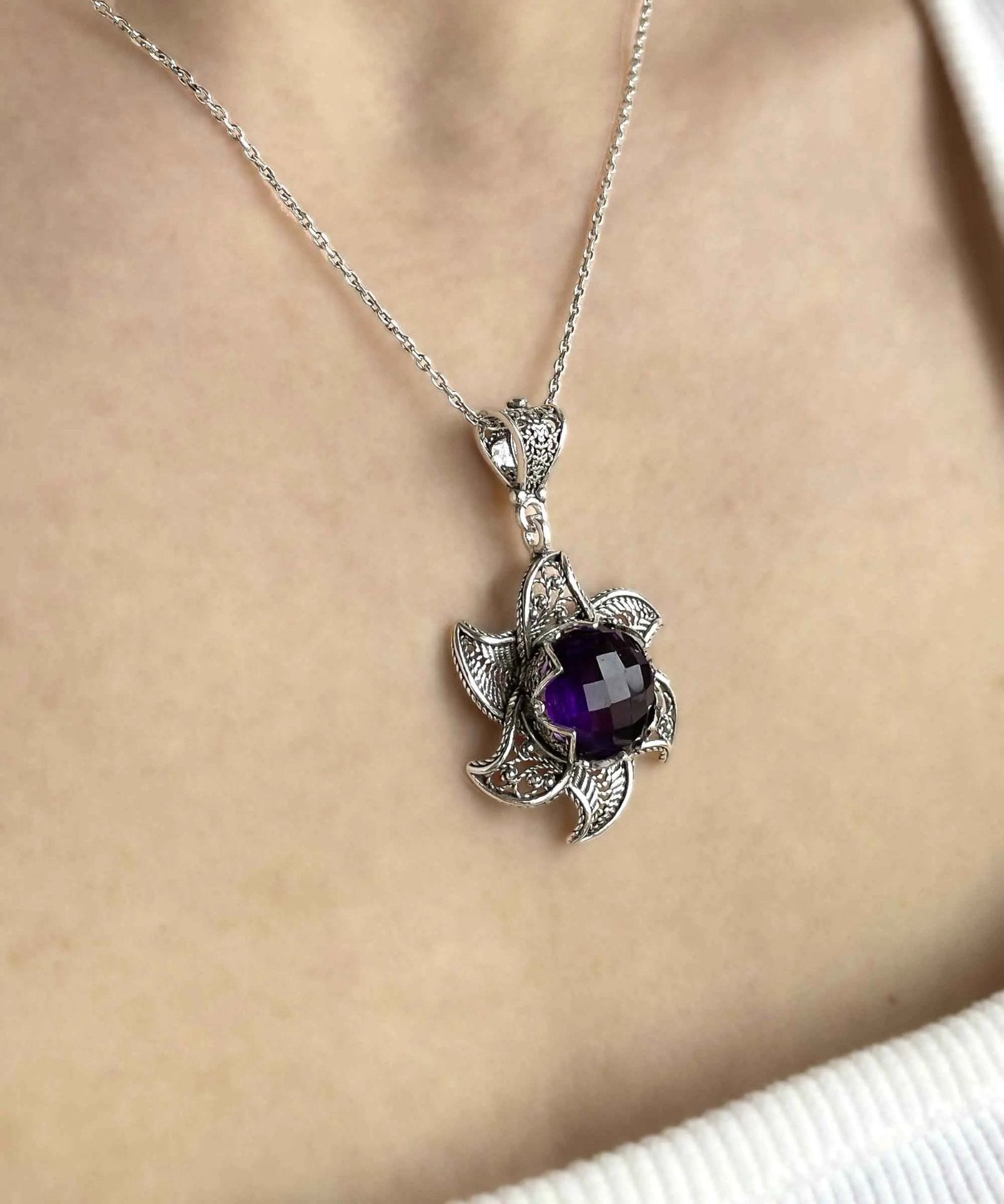 Sterling Silver Filigree Amethyst Gemstone Blossoming Lotus Flower Pendant Necklace - Drakoi Marketplace