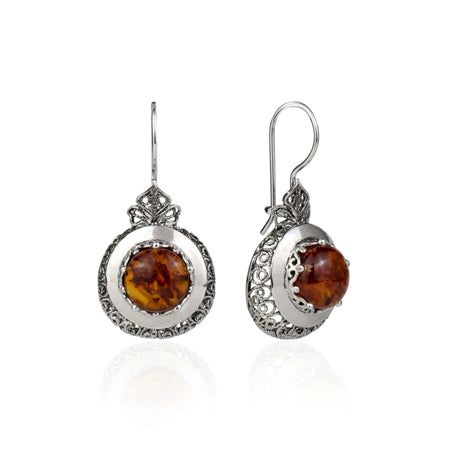 Sterling Silver Filigree Art Amber Stone Women Drop Earrings - Drakoi Marketplace