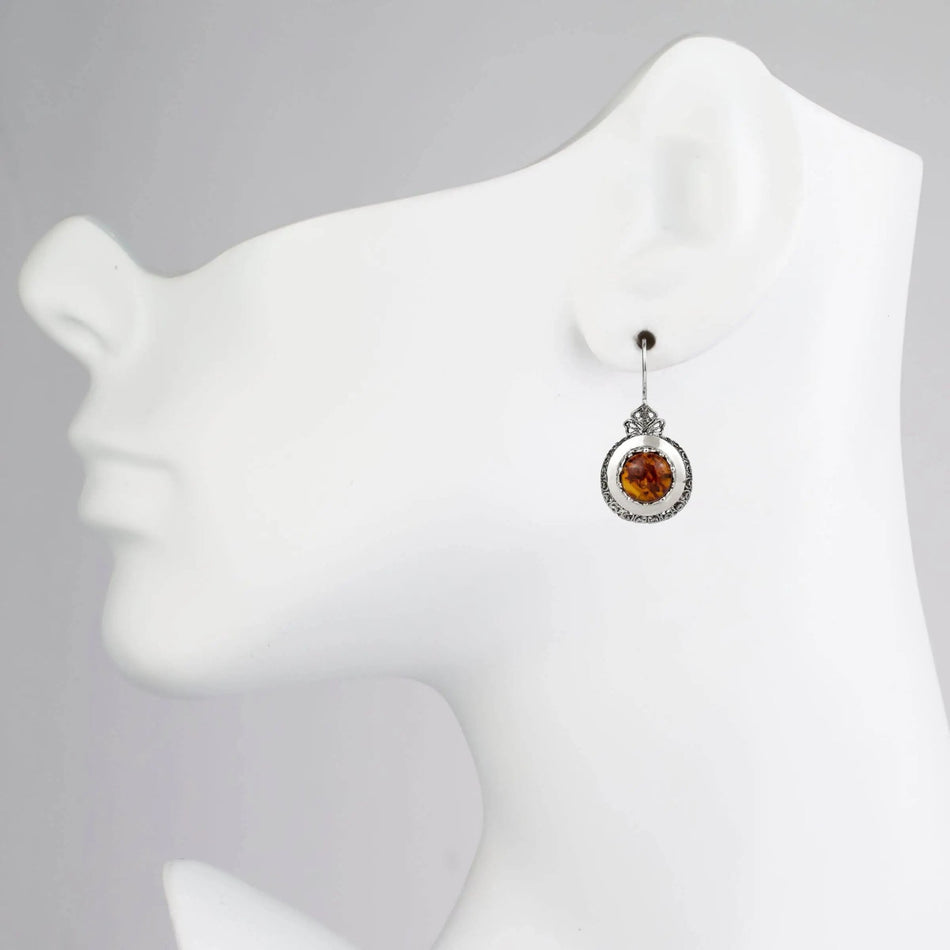 Sterling Silver Filigree Art Amber Stone Women Drop Earrings - Drakoi Marketplace