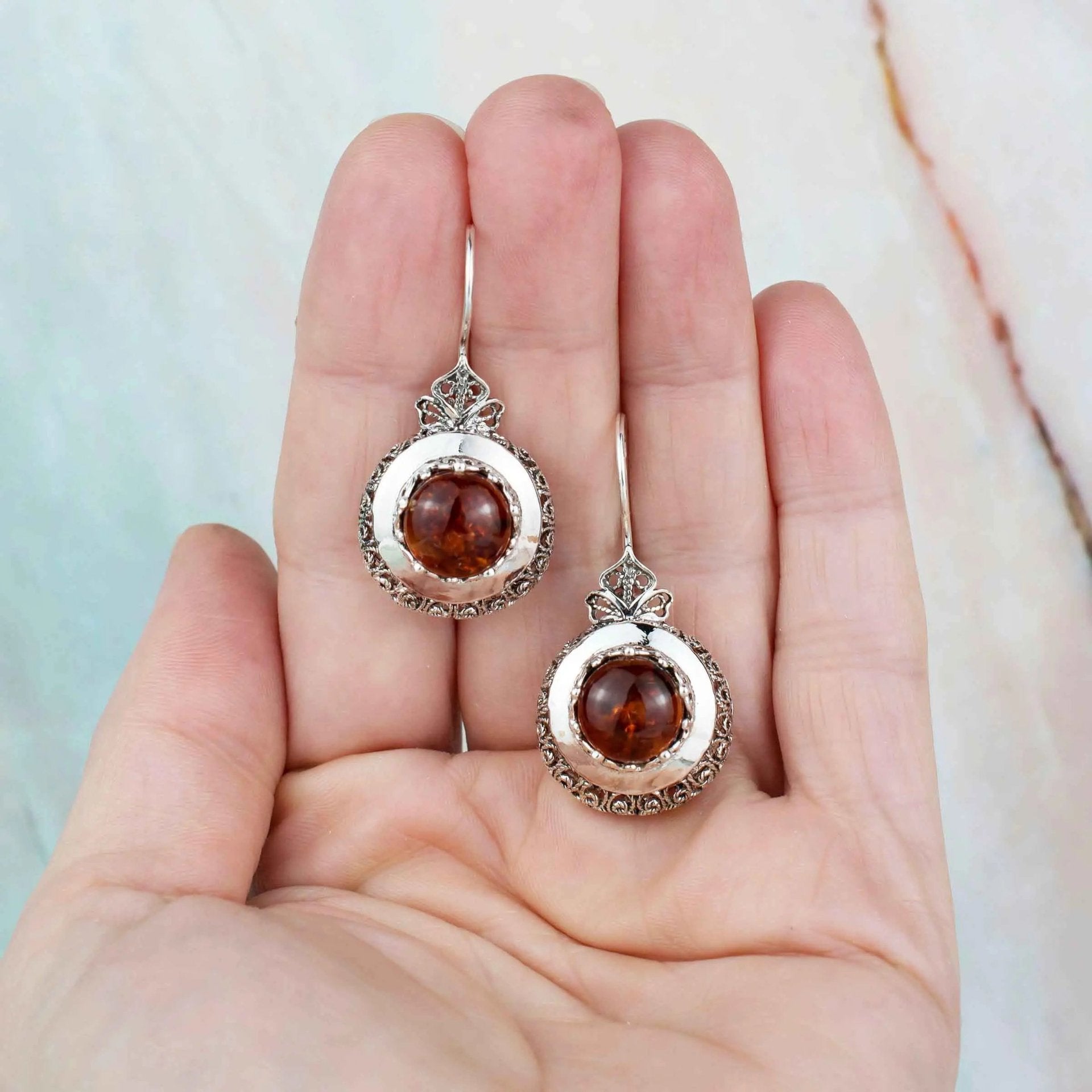 Sterling Silver Filigree Art Amber Stone Women Drop Earrings - Drakoi Marketplace