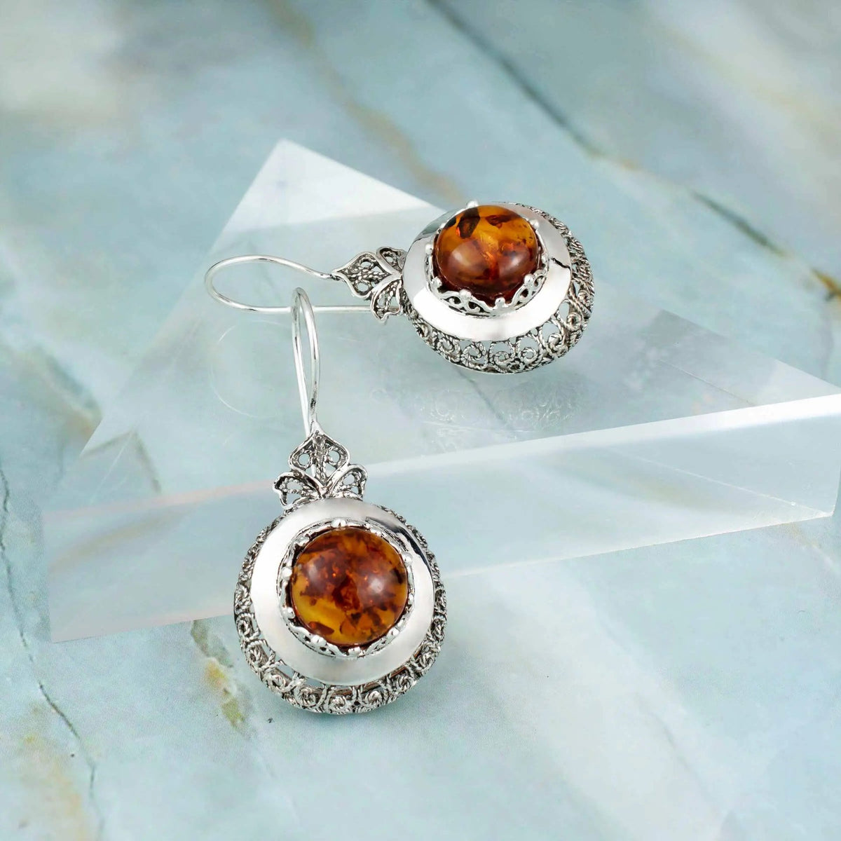 Sterling Silver Filigree Art Amber Stone Women Drop Earrings - Drakoi Marketplace