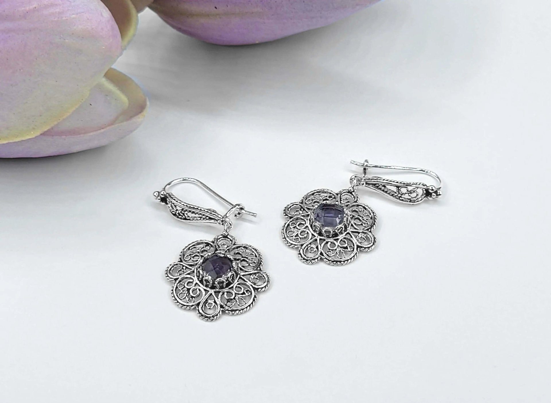 Sterling Silver Filigree Art Amethyst Gemstone Women Dangle Drop Earrings - Drakoi Marketplace