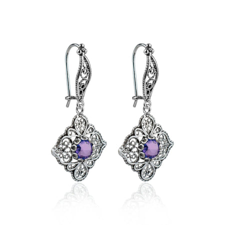 Sterling Silver Filigree Art Amethyst Gemstone Women Dangle Drop Earrings - Drakoi Marketplace