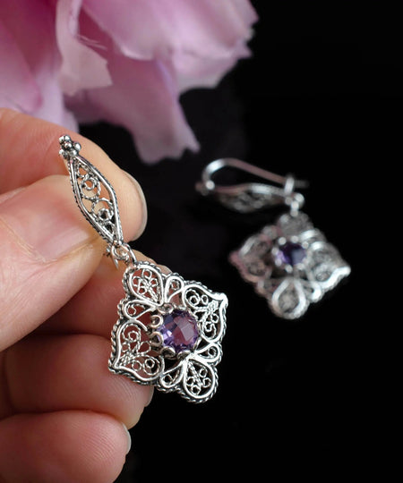 Sterling Silver Filigree Art Amethyst Gemstone Women Dangle Drop Earrings - Drakoi Marketplace