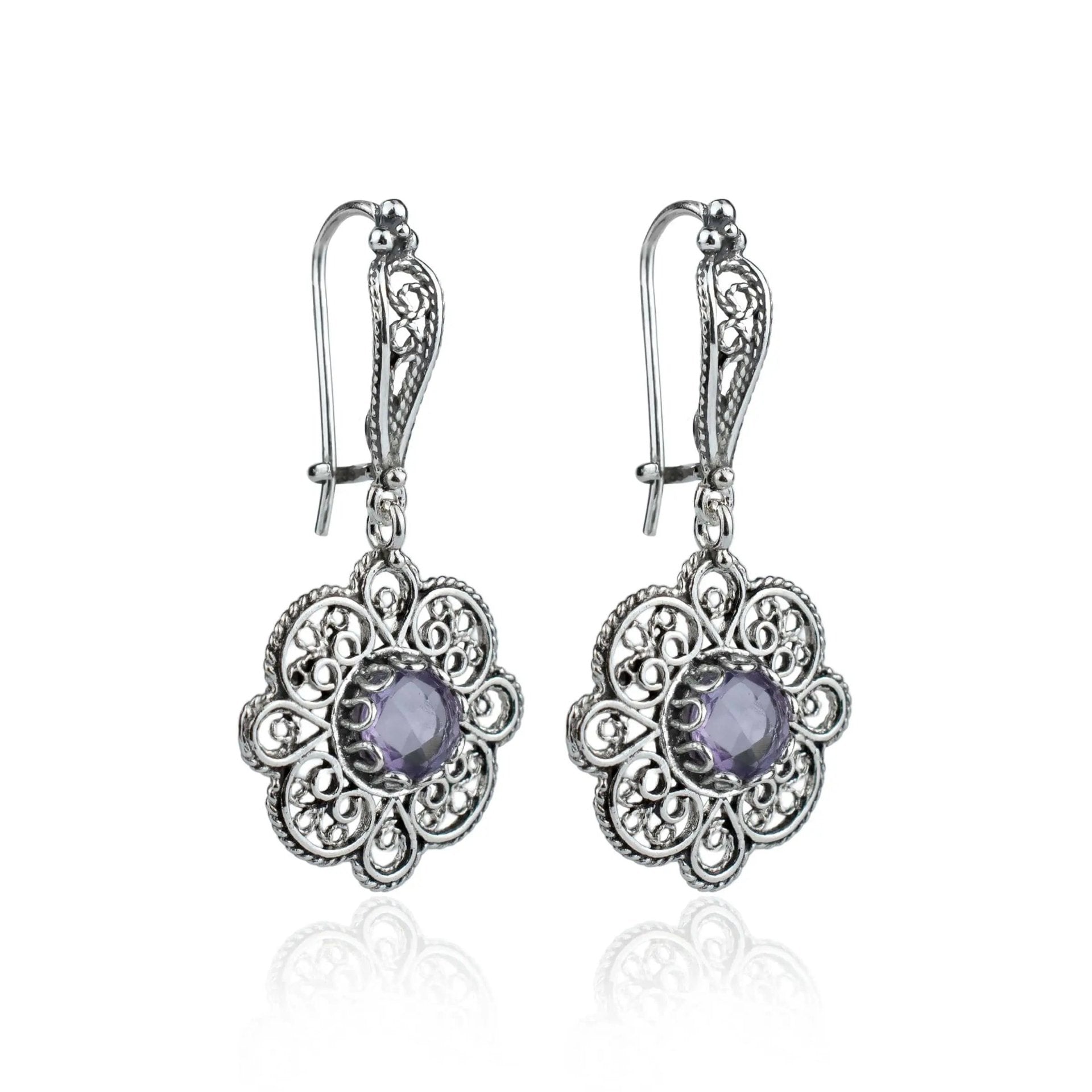 Sterling Silver Filigree Art Amethyst Gemstone Women Dangle Drop Earrings - Drakoi Marketplace