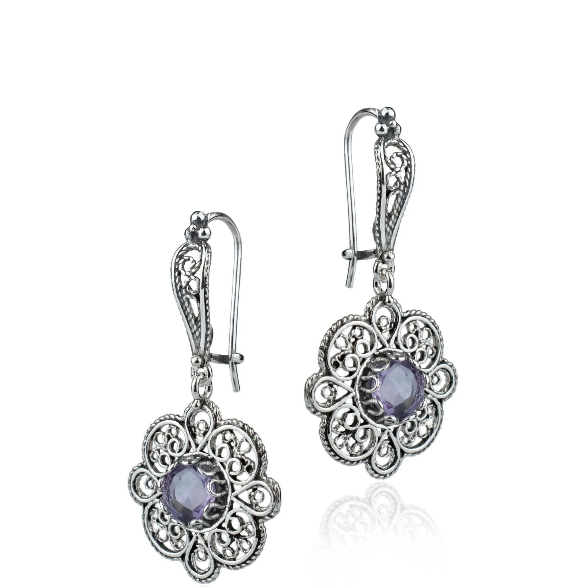 Sterling Silver Filigree Art Amethyst Gemstone Women Dangle Drop Earrings - Drakoi Marketplace