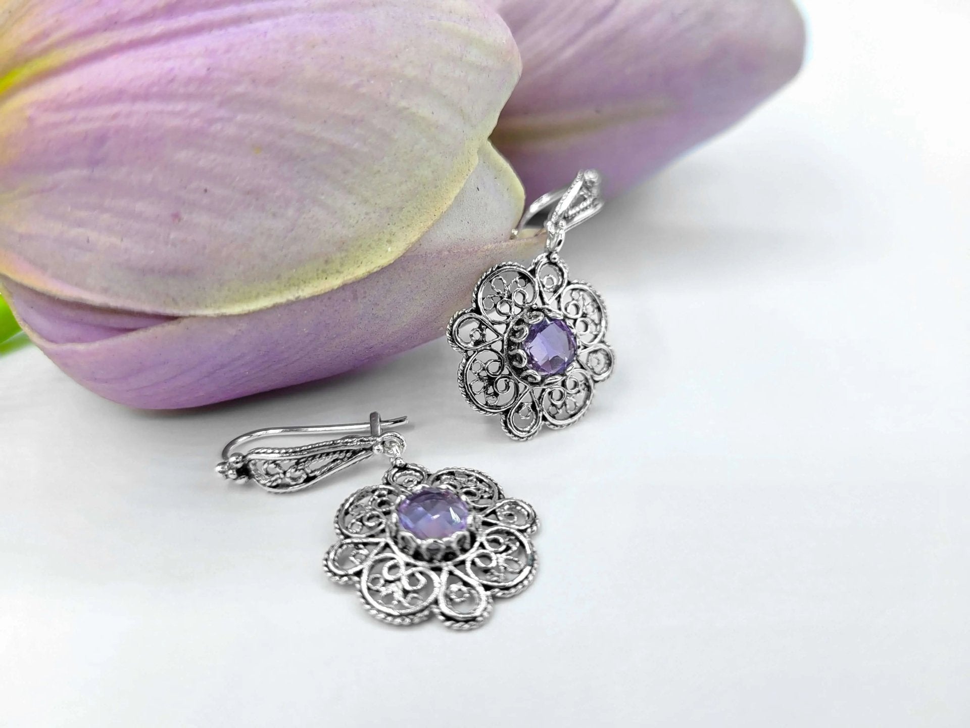 Sterling Silver Filigree Art Amethyst Gemstone Women Dangle Drop Earrings - Drakoi Marketplace