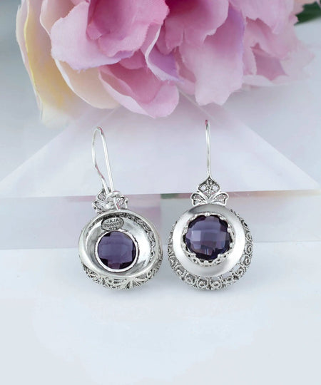 Sterling Silver Filigree Art Amethyst Gemstone Women Drop Earrings - Drakoi Marketplace