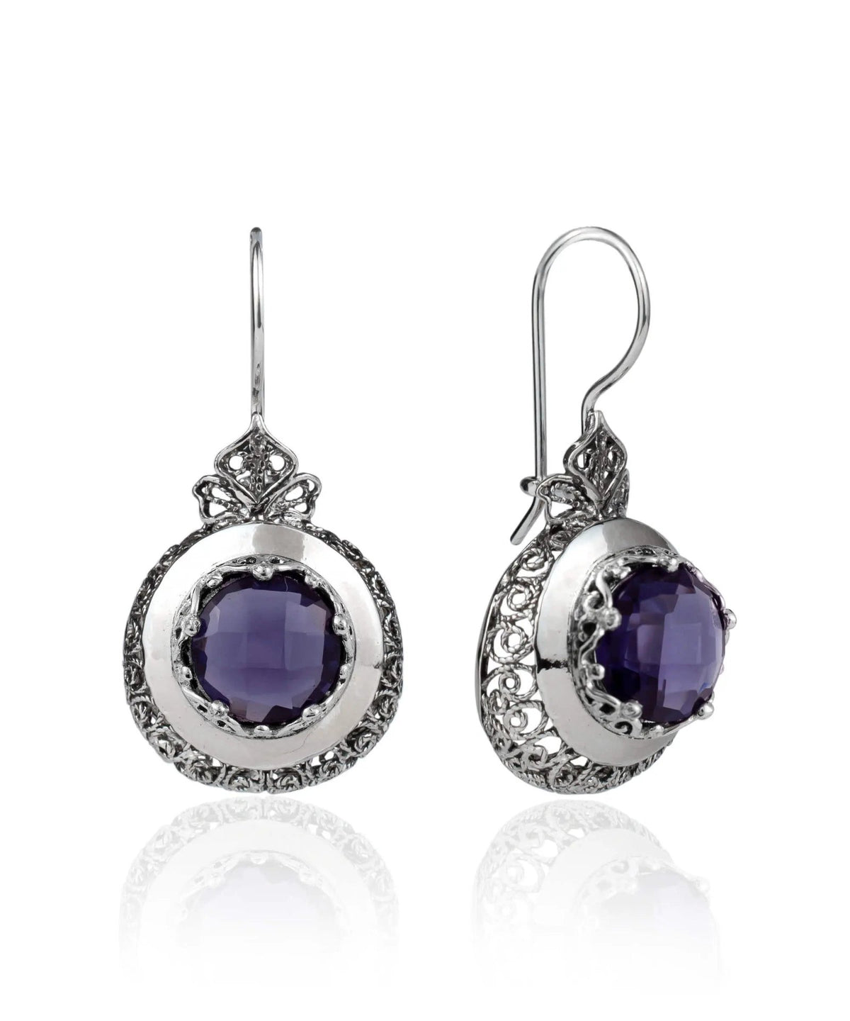 Sterling Silver Filigree Art Amethyst Gemstone Women Drop Earrings - Drakoi Marketplace