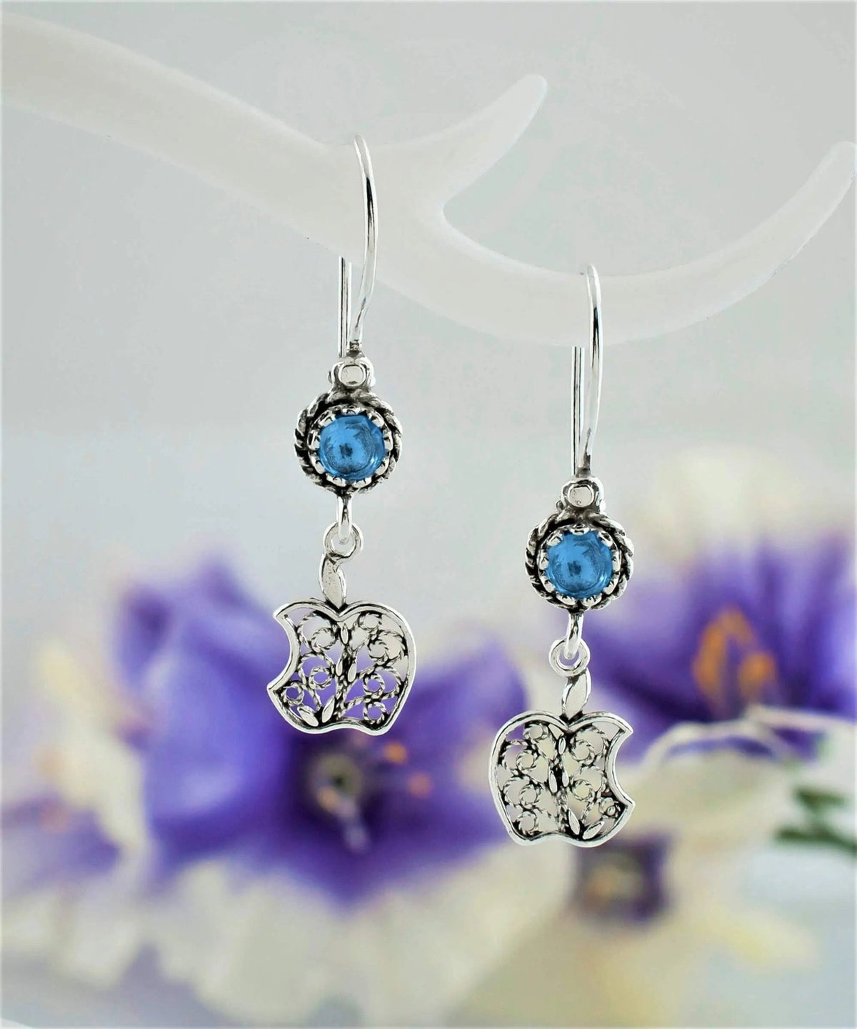 Sterling Silver Filigree Art Apple Shaped Gemstone Women Dangle Earrings - Drakoi Marketplace