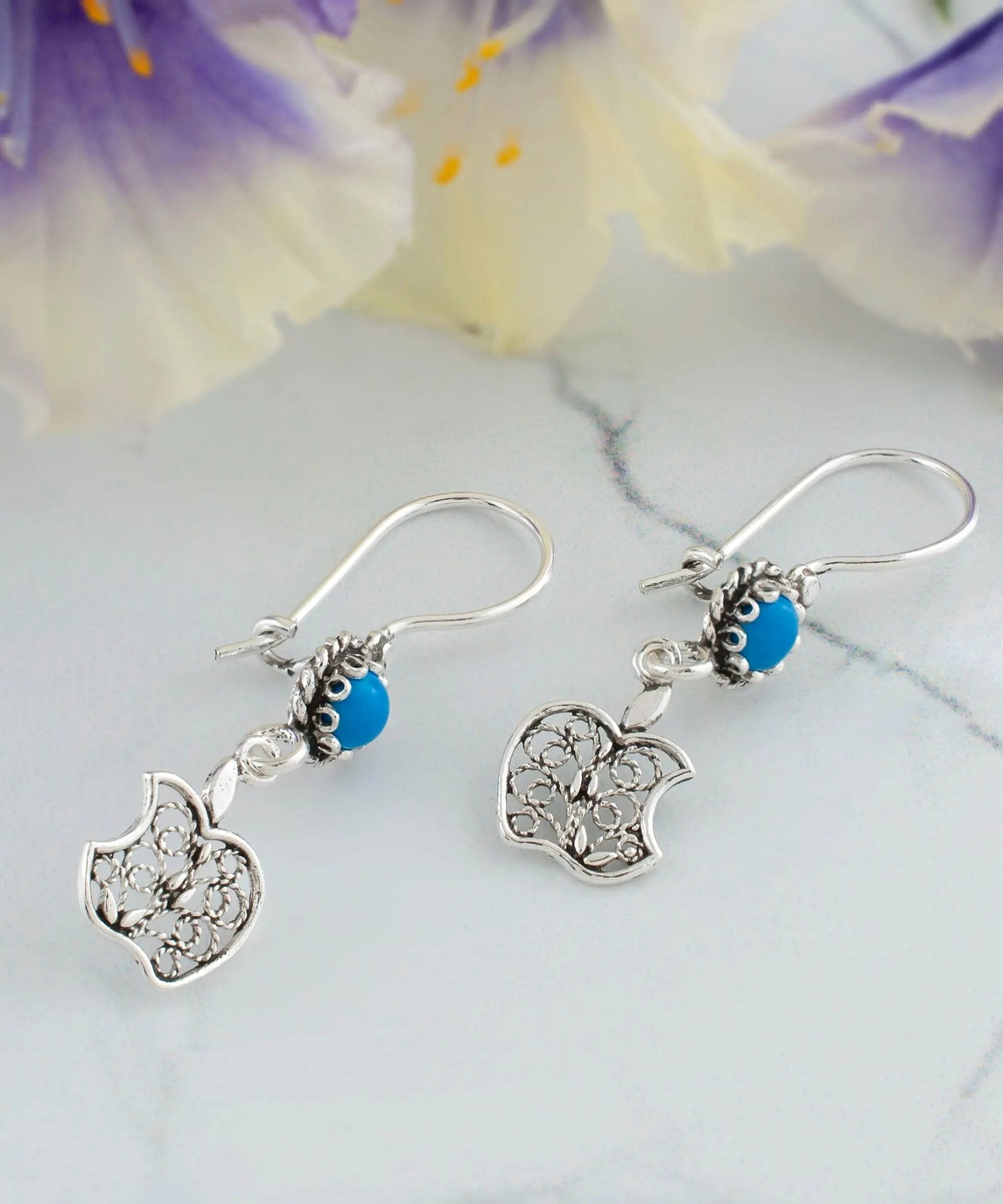 Sterling Silver Filigree Art Apple Shaped Gemstone Women Dangle Earrings - Drakoi Marketplace