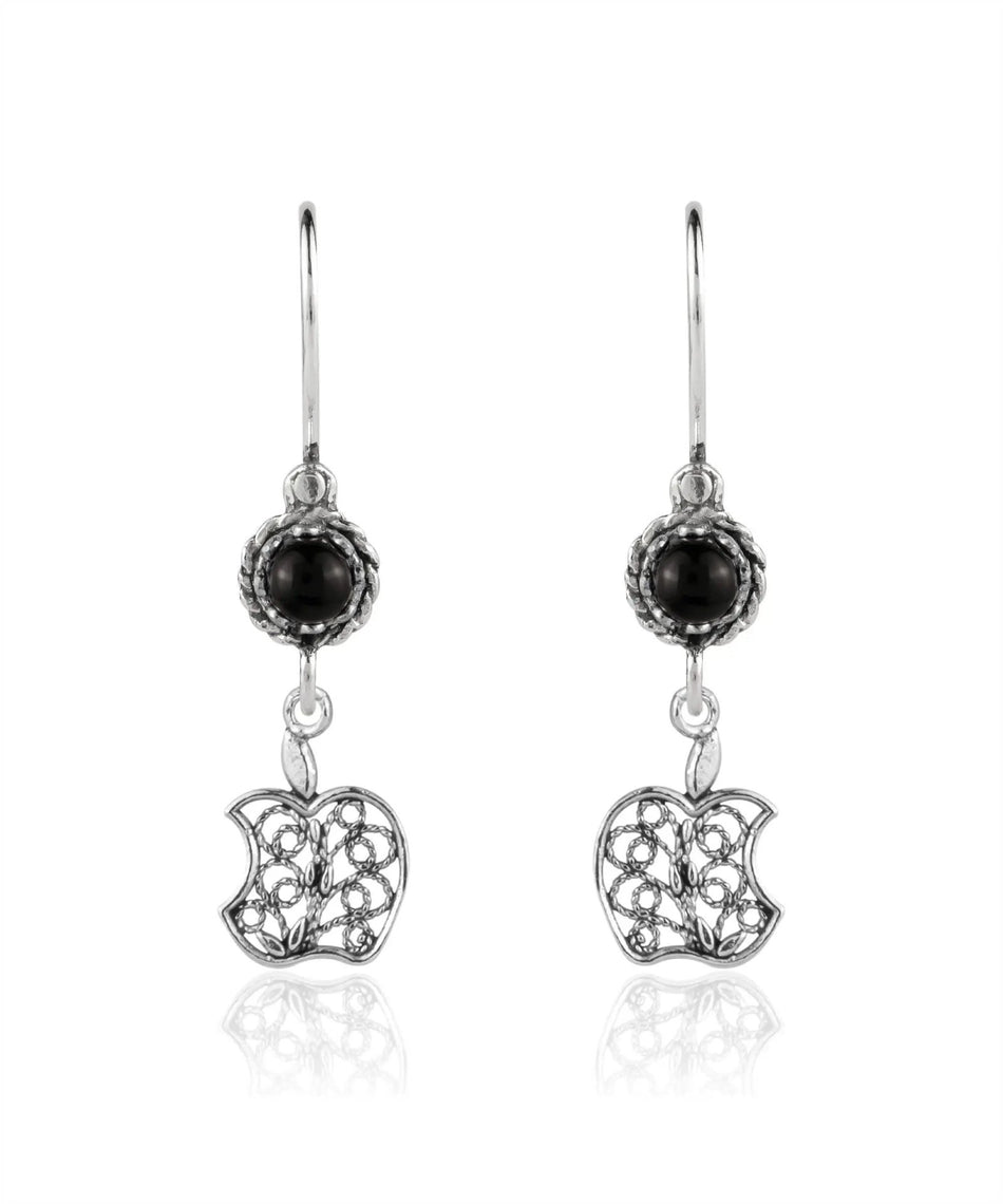 Sterling Silver Filigree Art Apple Shaped Gemstone Women Dangle Earrings - Drakoi Marketplace