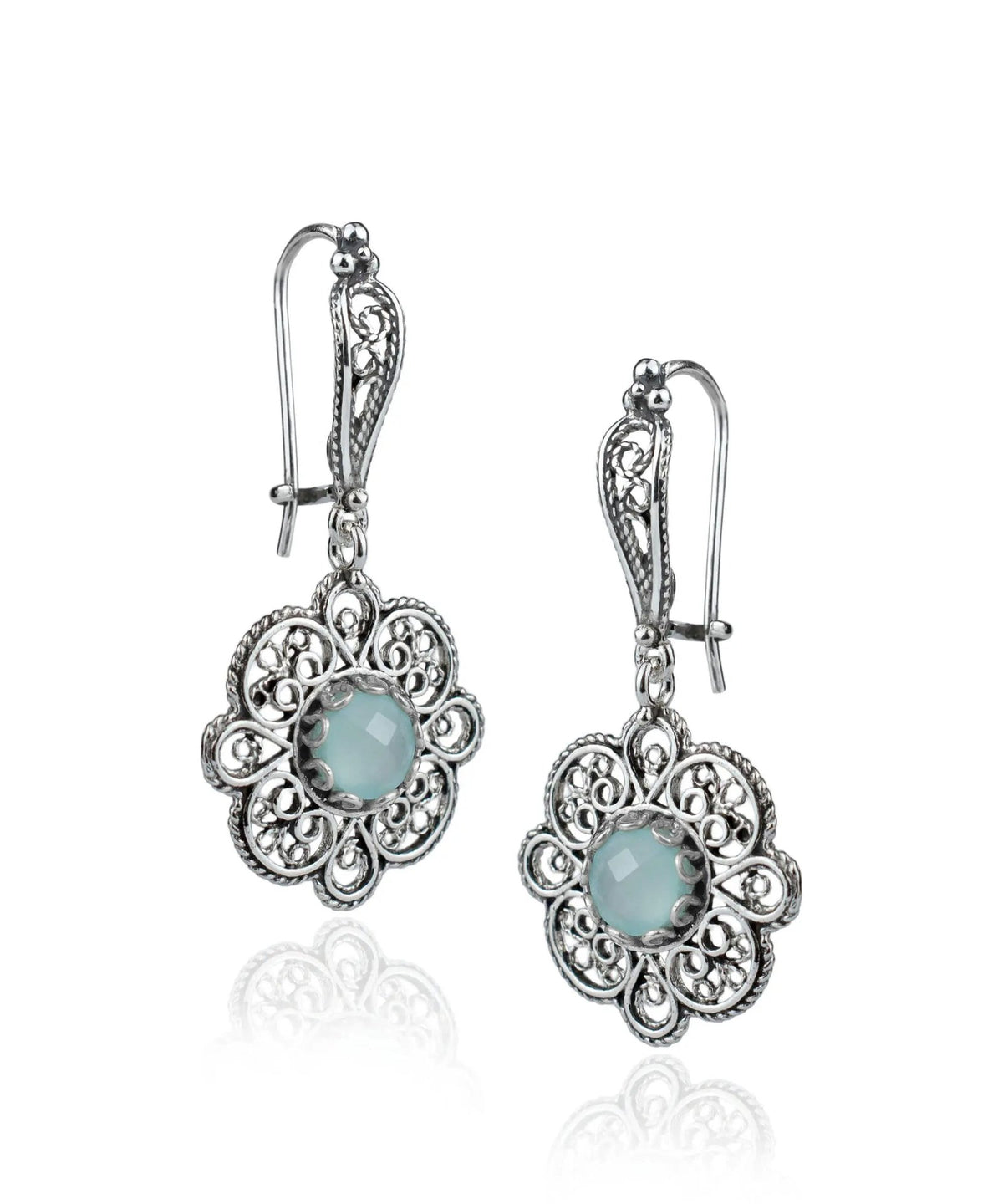 Sterling Silver Filigree Art Aqua Chalcedony Gemstone Women Dangle Drop Earrings - Drakoi Marketplace