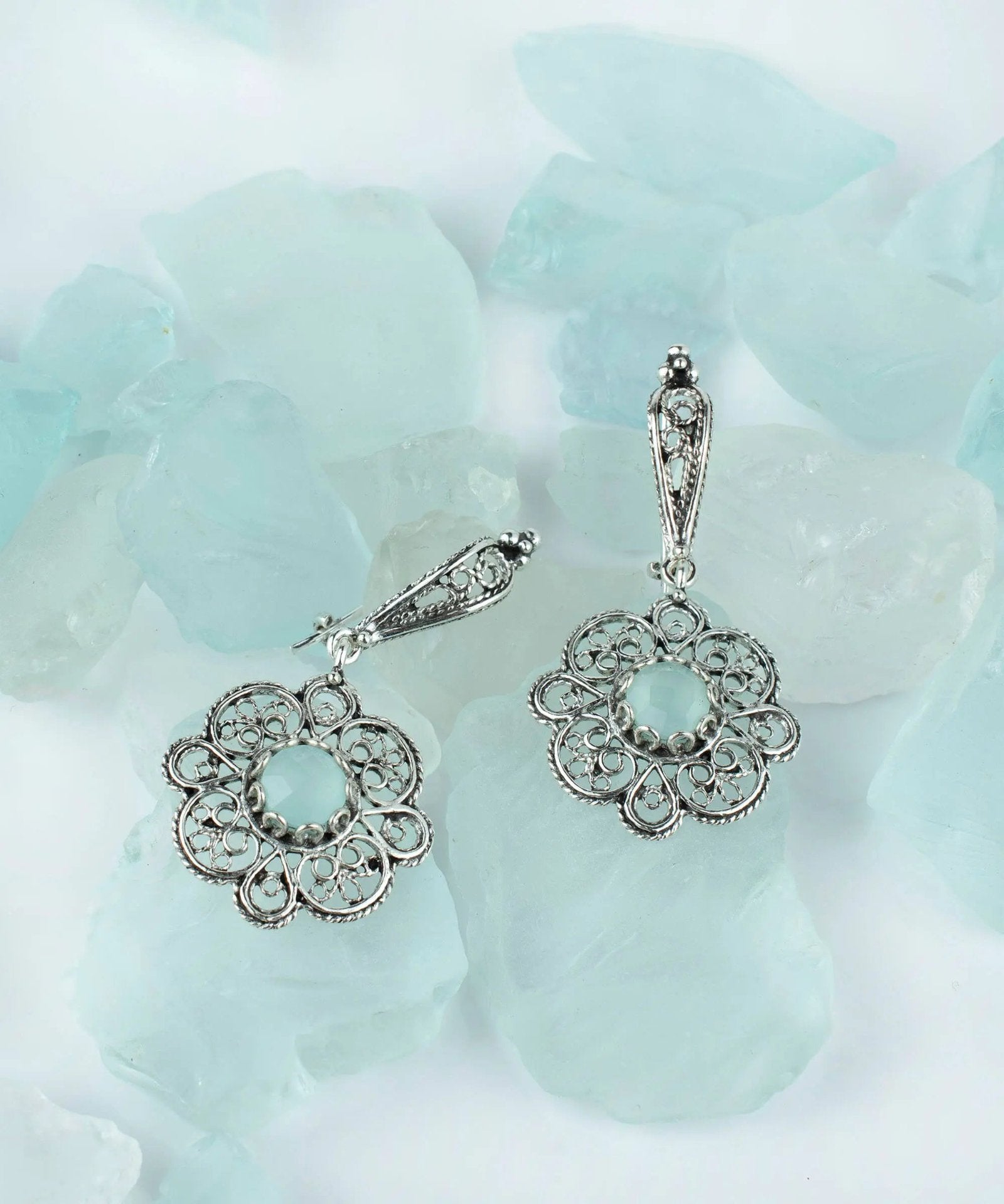 Sterling Silver Filigree Art Aqua Chalcedony Gemstone Women Dangle Drop Earrings - Drakoi Marketplace