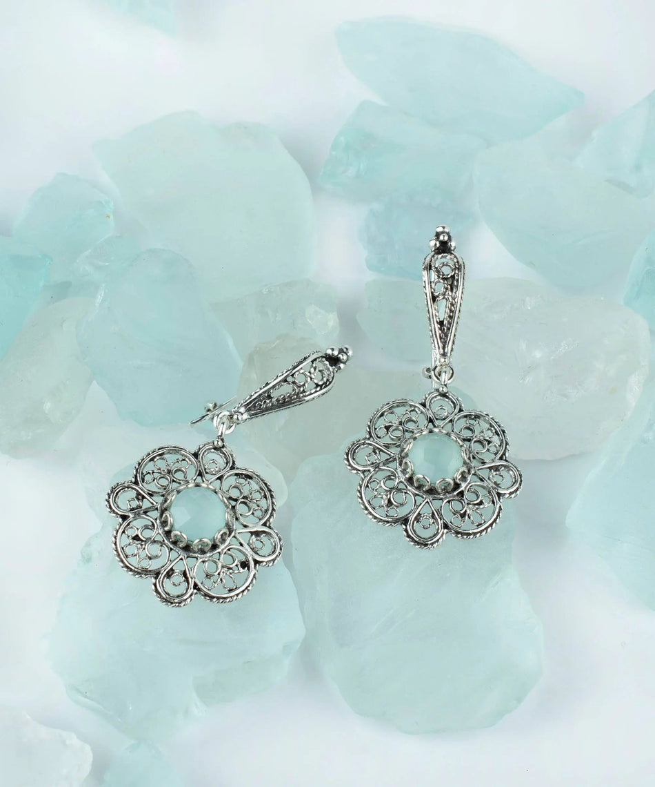 Sterling Silver Filigree Art Aqua Chalcedony Gemstone Women Dangle Drop Earrings - Drakoi Marketplace