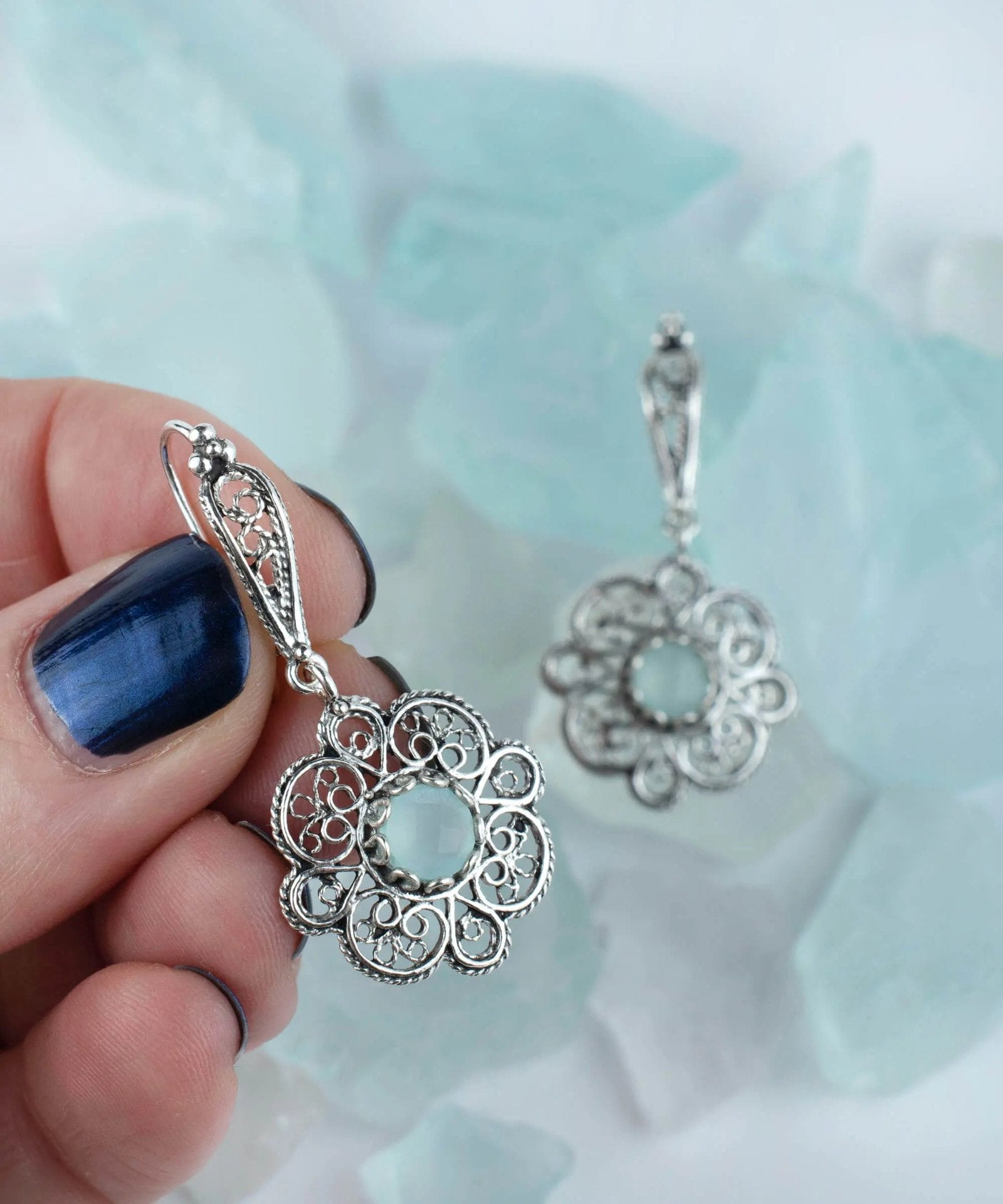 Sterling Silver Filigree Art Aqua Chalcedony Gemstone Women Dangle Drop Earrings - Drakoi Marketplace